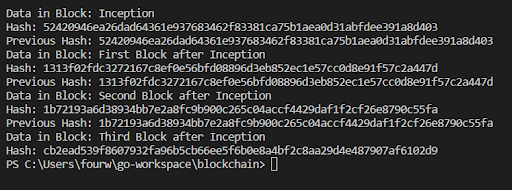 Blockchain in Golang output