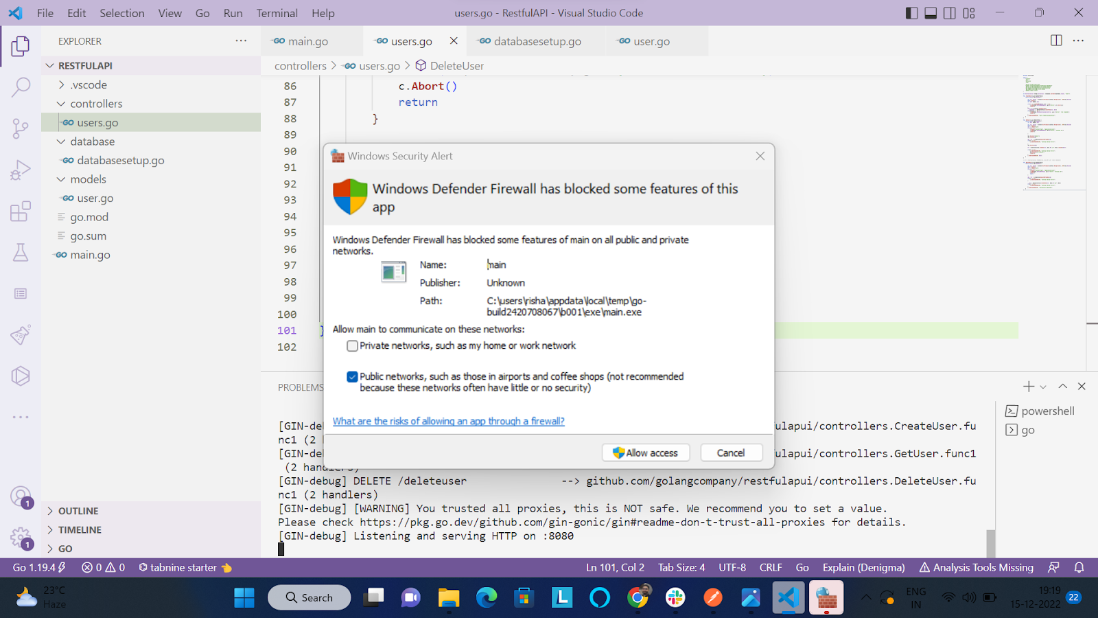the postman application to verify whether the API is working properly.