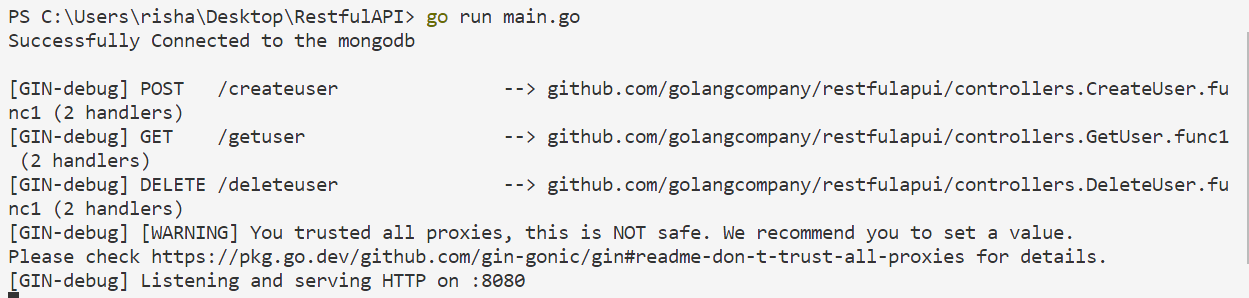 the output through the Postman application