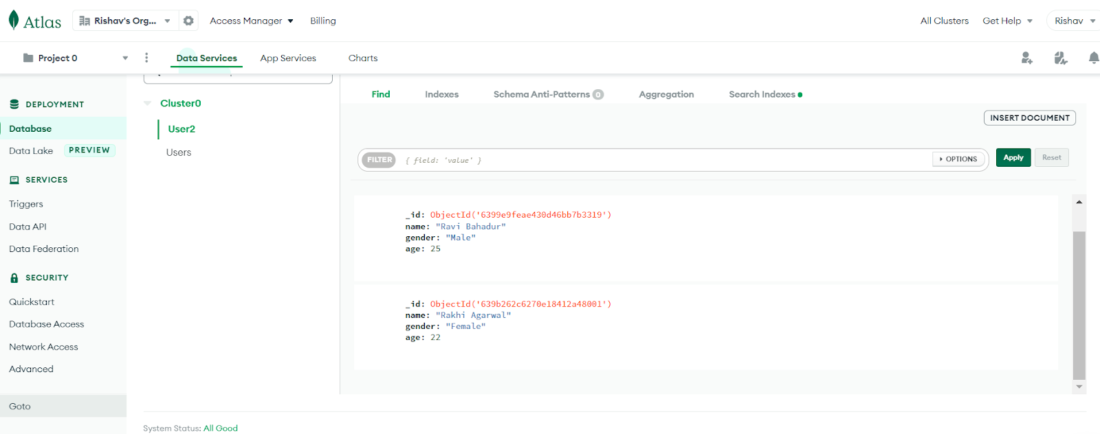 Now let’s check our data in our MongoDB Cluster.